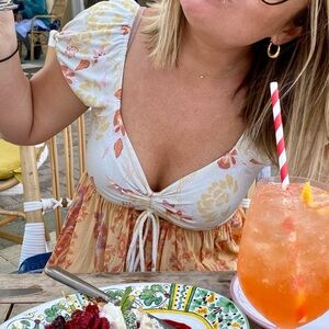 Floral Tie-Front Boho Tunic Top - yellow & Orange